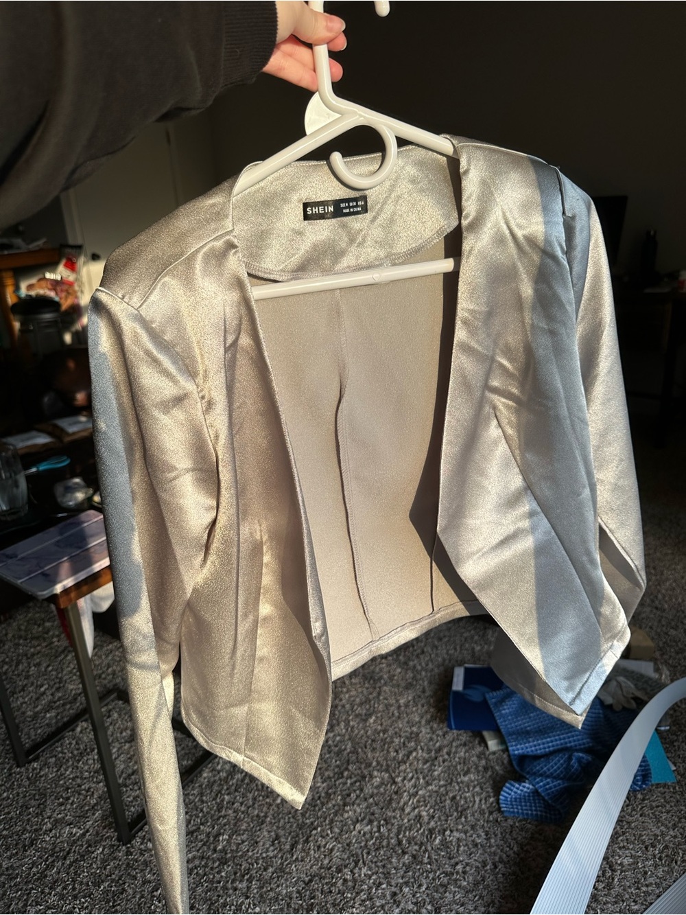 SHEIN Shimmery Light Silver Open-Front Cropped Blazer